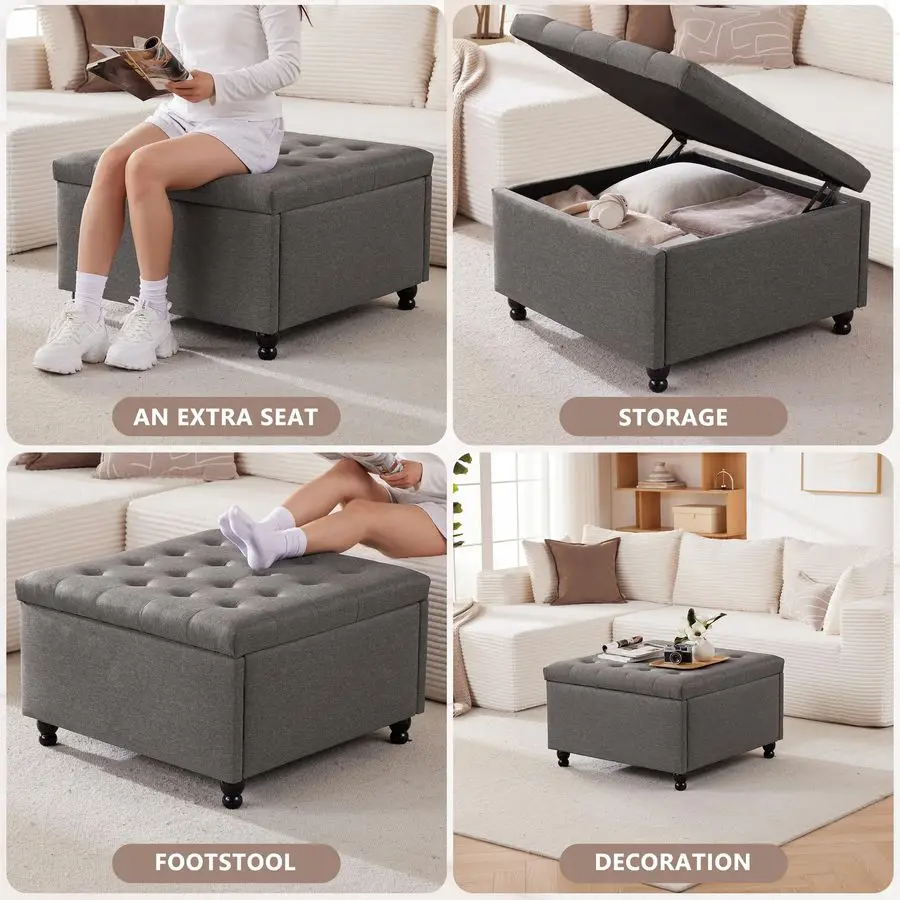 Inch Large Square Storage Ottoman Coffee Table, Oversized Square Ottoman with Storage, Tufted Upholstered Coffee Tables for Liv