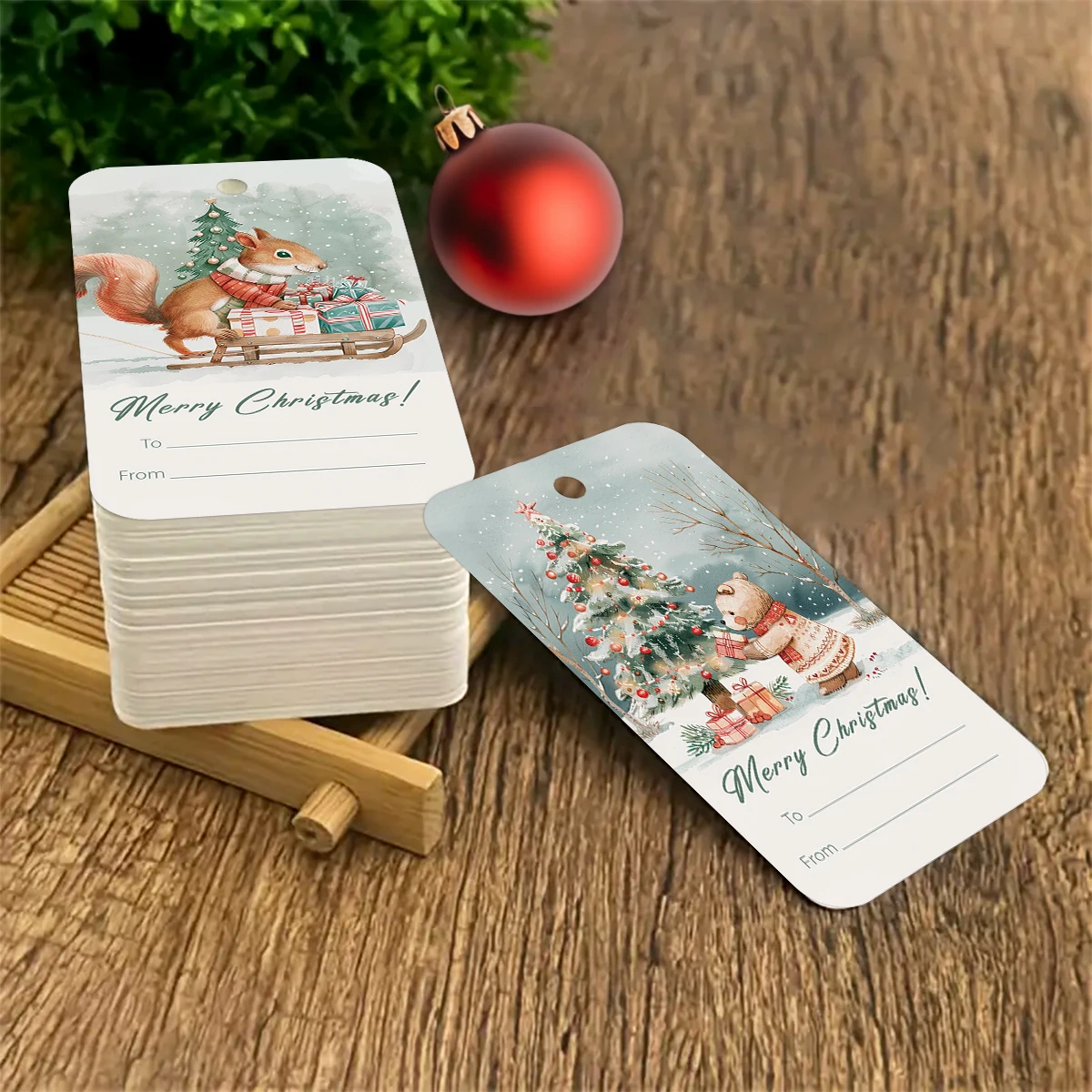 50 Stück Weihnachtsanhänger zum Aufhängen, Motiv: Schneemann, verschneite Szene, Beschriftung, Geschenkverpackung, DIY-Bastelkarte, Party-Weihnachtsbaumdekoration – Detail 6