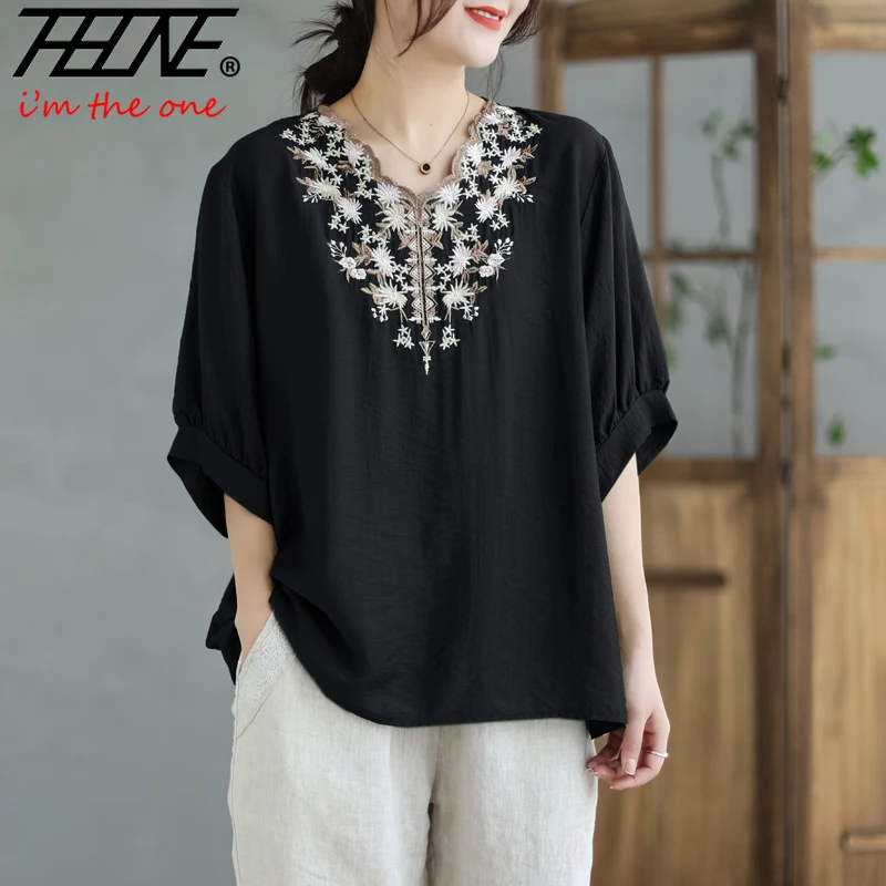 THHONE Moda Verão Mulheres Camiseta 2025 Bordado Impressão Vintage Com Decote Em V Casual Estilo Chinês Solto Tops Roupas Femininas Camisetas