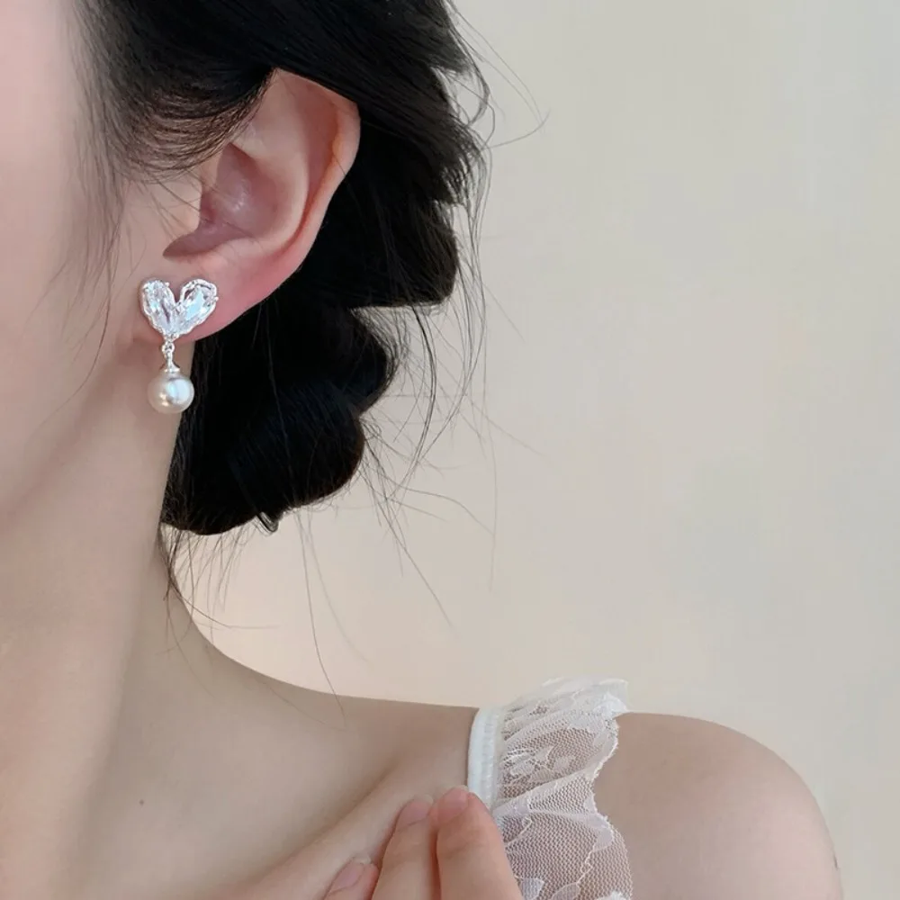 Korean Trendy 925 Sterling Silver Irregular Heart Zircon Imitation Pearl Drop Dangle Earrings for Women Studs Allergy Jewelry