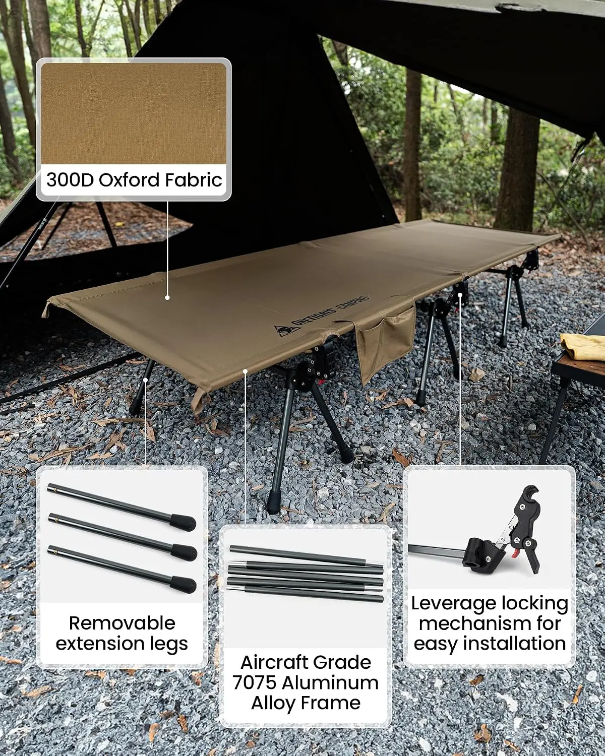 Height Adjustable Camping Cot Strong 330lbs Support Lightweight Folding Bed Leg Extenders Comfortable Outdoor Travel Hiking Truc