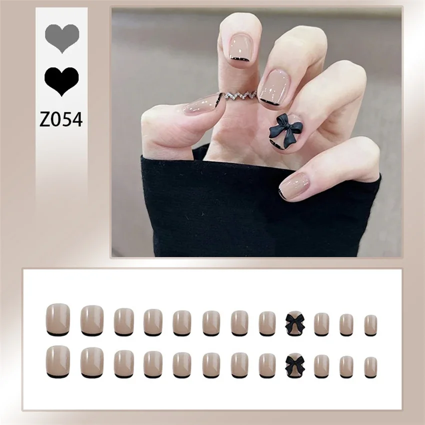 24Pcs/Se Cute Black Artificial Design Press on Nail Art Stickers French Bow Wearing False Nails Short Round Head Fake Nail Tips