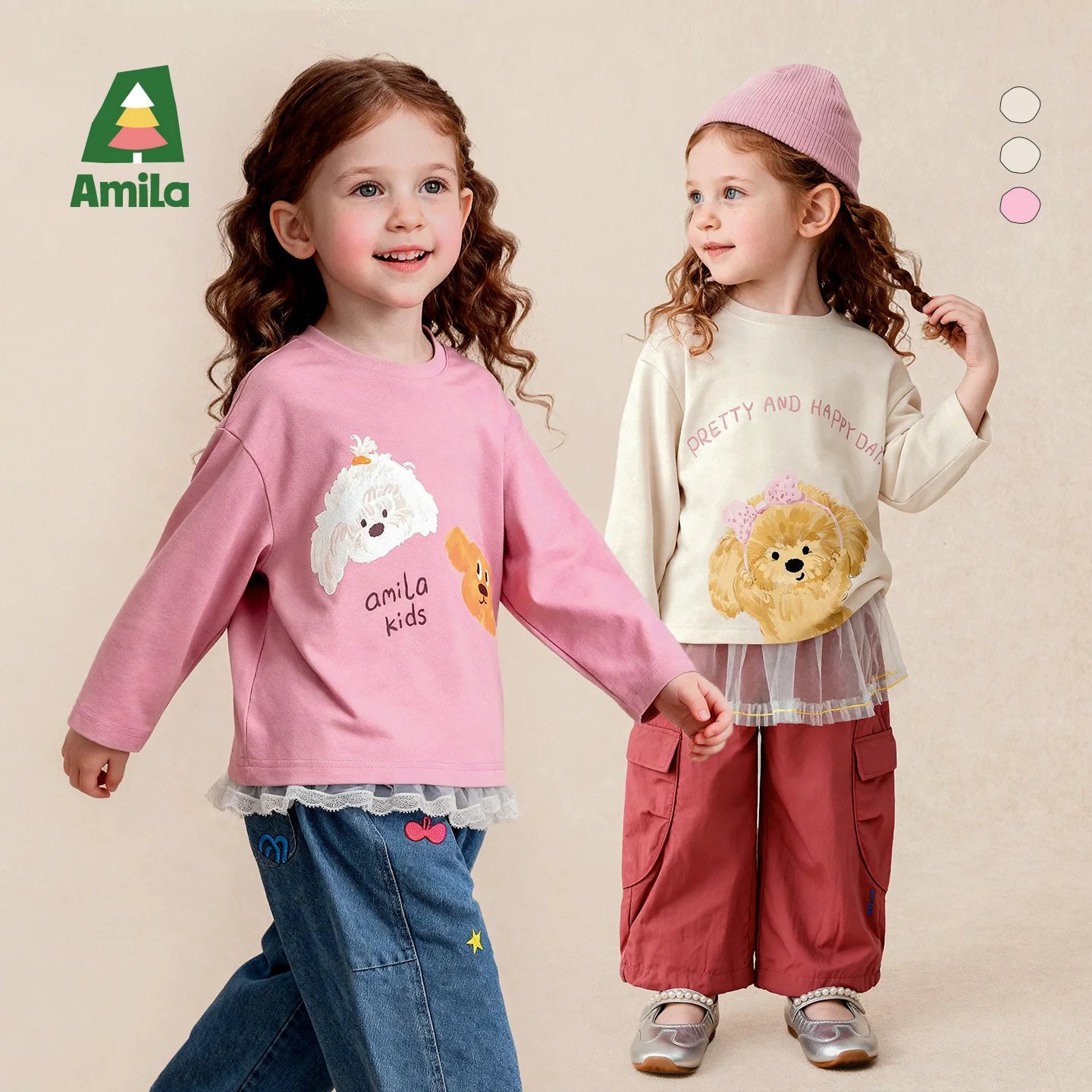 Amila 2026 Autumn New Kids T Shirt Large Digital Print Creative Arrangement Design Fashion Casual Cozy Long Sleeve Top