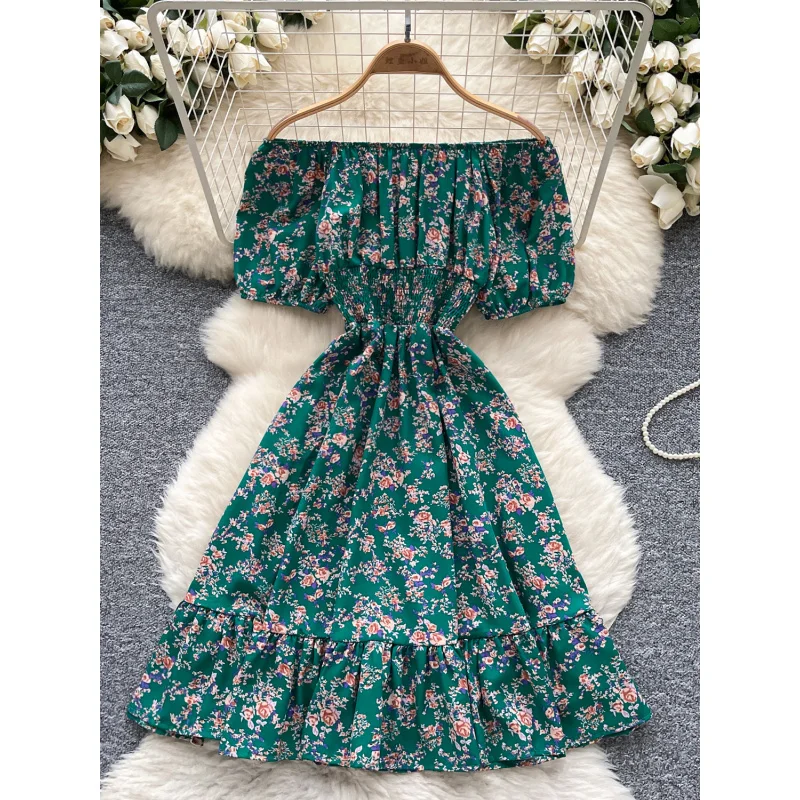 Boho women summer sexy off shoulder floral print short dress vintage elastic waist ruffles vestido de festa beach a-line dress