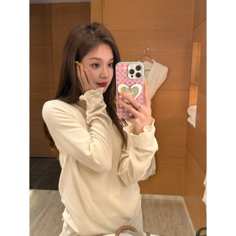 

Женская утепленная трикотажная кофта TIAO с длинным рукавом, кружевными вставками и однотонным дизайном для осени и зимы