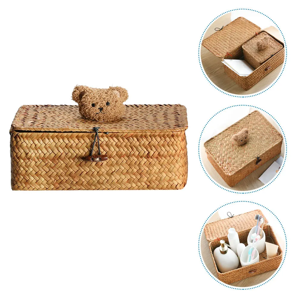 

Car Box With Lid Cute Bear Design Front Seat Organizer Woven Basket Sundries Storage Bin Desktop Storage Case Auto