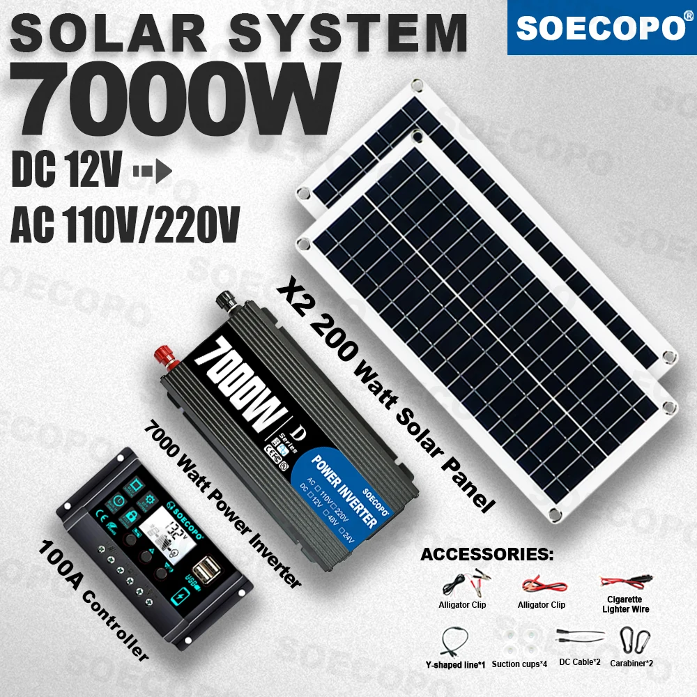 

SOECOPO 7000W Peak Solar System Kit 2x200W Photovoltaic Panel 100A Controller 12V To 110V 220V Inverter Generator for RV home