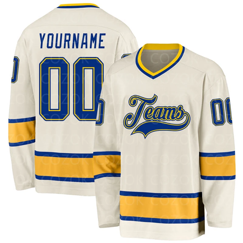 

Custom Cream Yellow Blue Colour Hockey 3D Print You Name Number Logo Men Women Ice Hockey Jersey Competition Training Jersey