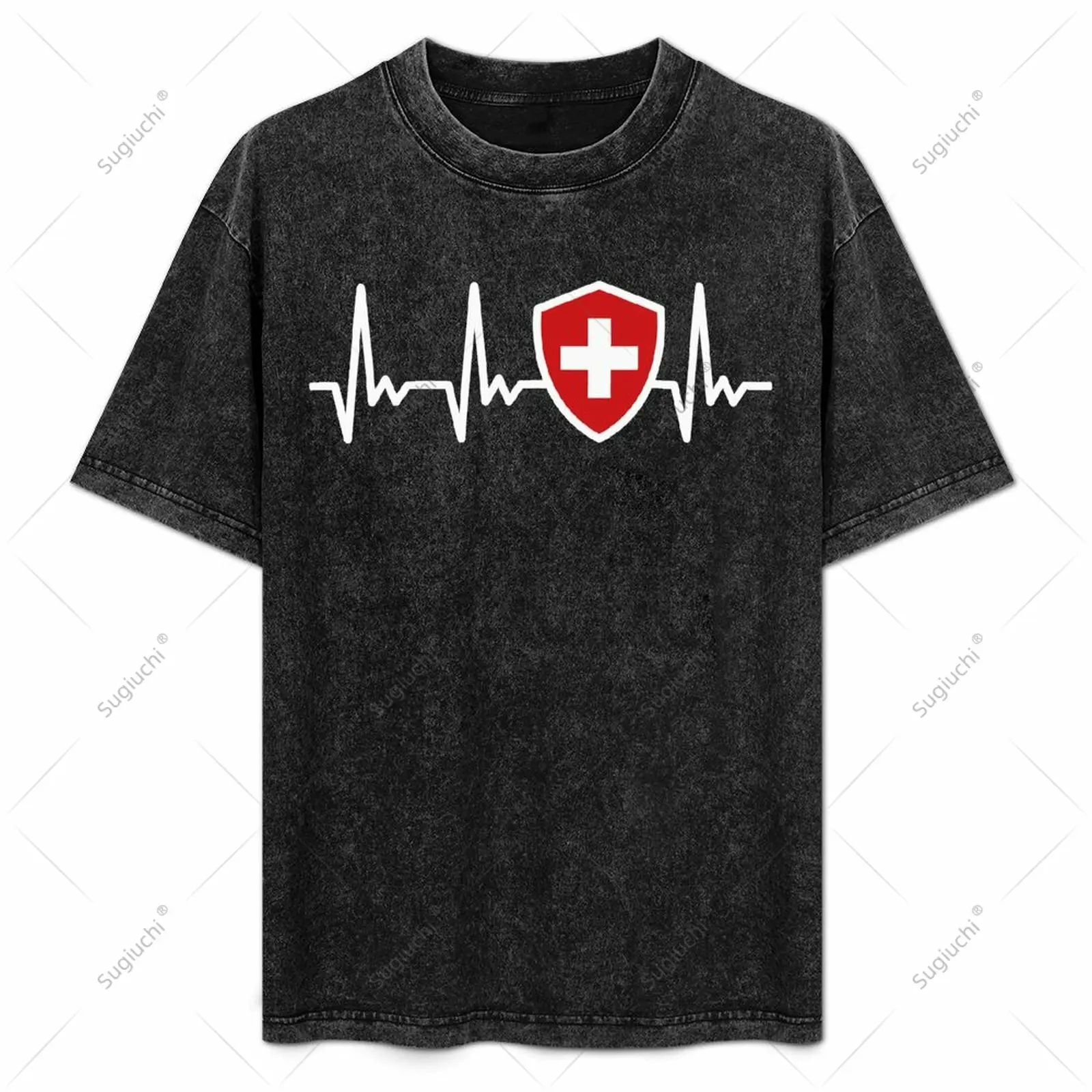 Vintage Washing Unisex Men Switzerland Flag Swiss Electrocardiogram Tshirt Tees T Shirts Cotton Short-sleeved T-shirt