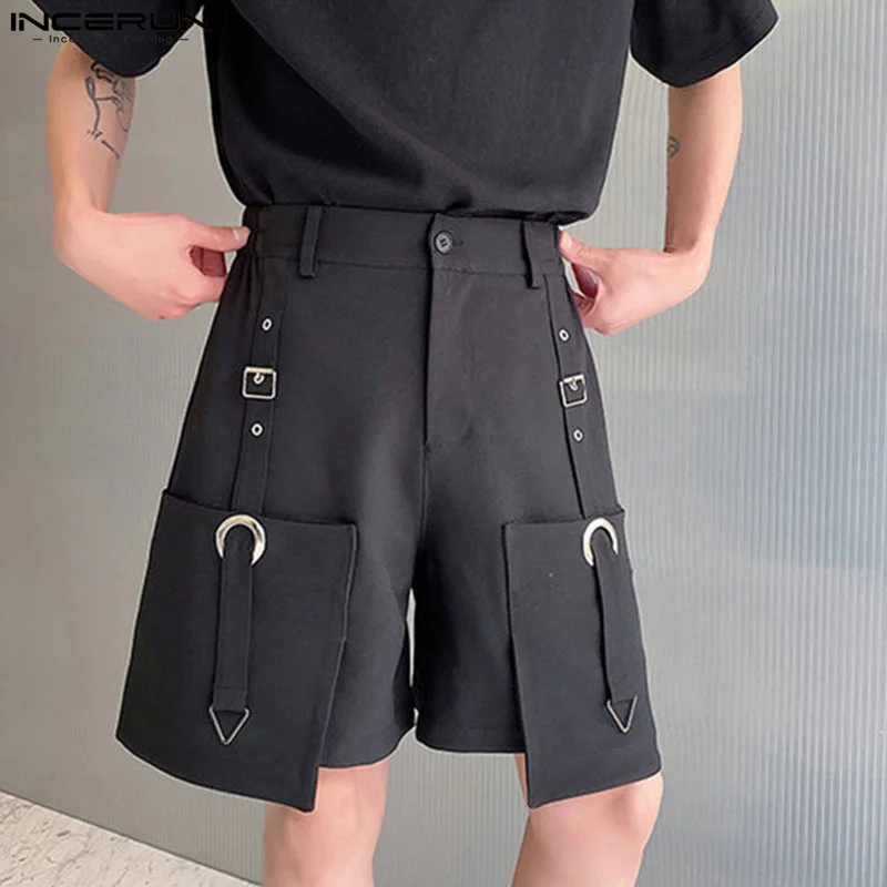 INCERUN 2024 Korean Style Shorts New Men\'s Metal Buckle Design Casual Shorts Fashionable Male Waist Elastic Solid Shorts S-5XL