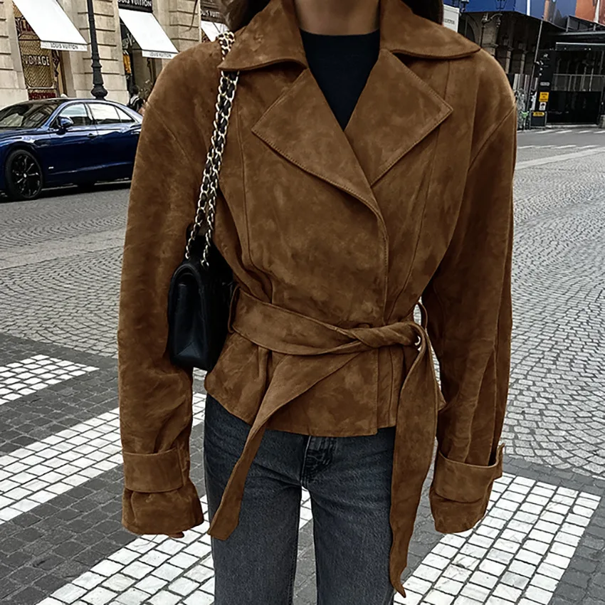 Comprehensive Training Jacket Suede Waist Lace-up Jacket Women's Brown Blazer