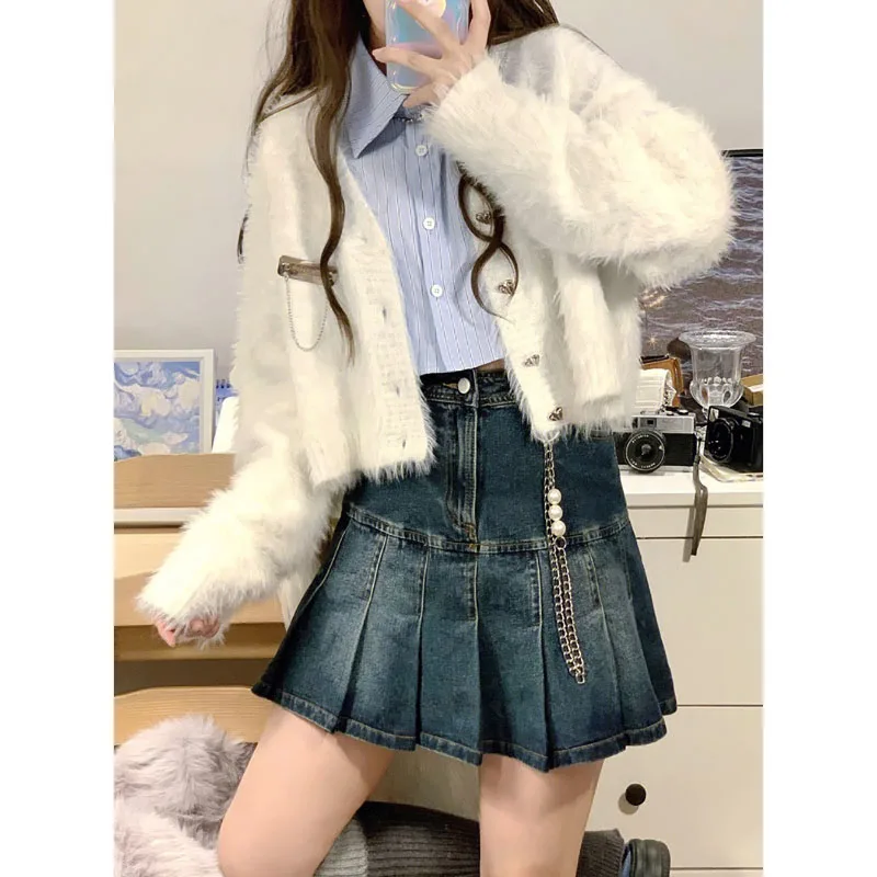 Autumn Winter Fluffy Knit Cardigan Heart Shaped Buttons Gentle Casual Style Sweater Lady New Korean Version Short Loose Soft Top