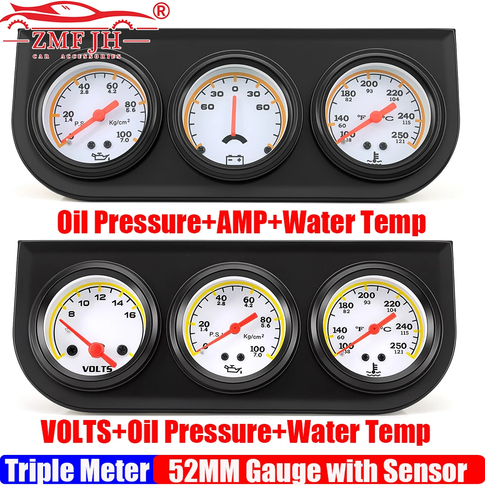 Kit de 3 jauges automobiles 12V 3 en 1, 52 mm, jauge de pression d'huile + ampèremètre/voltmètre + jauge de température de l'eau avec capteur 1/2NPT