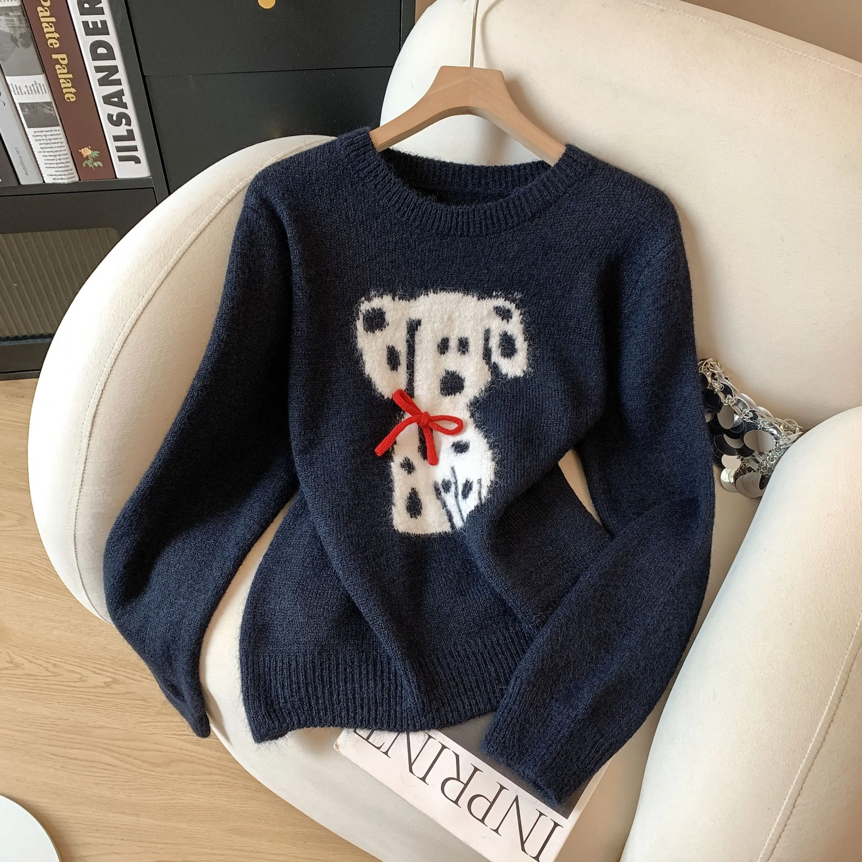 

Women's round Neck Long Sleeve Cute Knitted Sweater Y2K Cartoon Dog High Street 2000S Style Fashion College Retro Winter Top New
