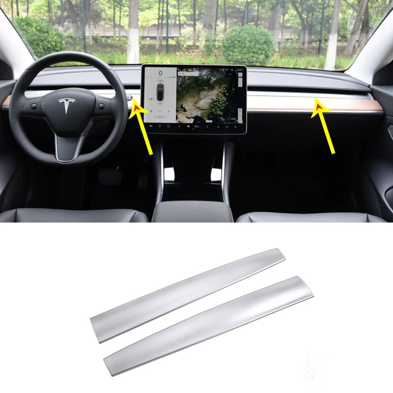 Car Style Dashboard Decorative Panel Protective Panel Abs Silver Car Accessories Internal 2-Piece Set For Tesla Model 3