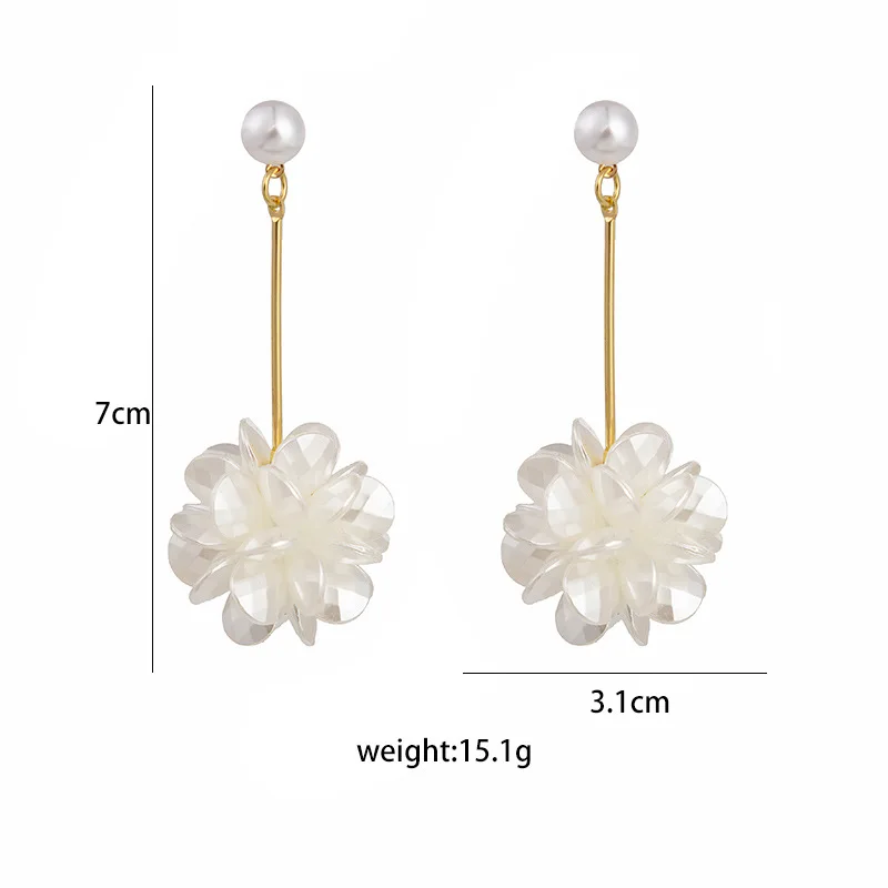 KF White Flower Pearl Drop Earrings for Women Exquisite Shiny Rhinestone Long Flower Personality Earrings Jewelry Gift