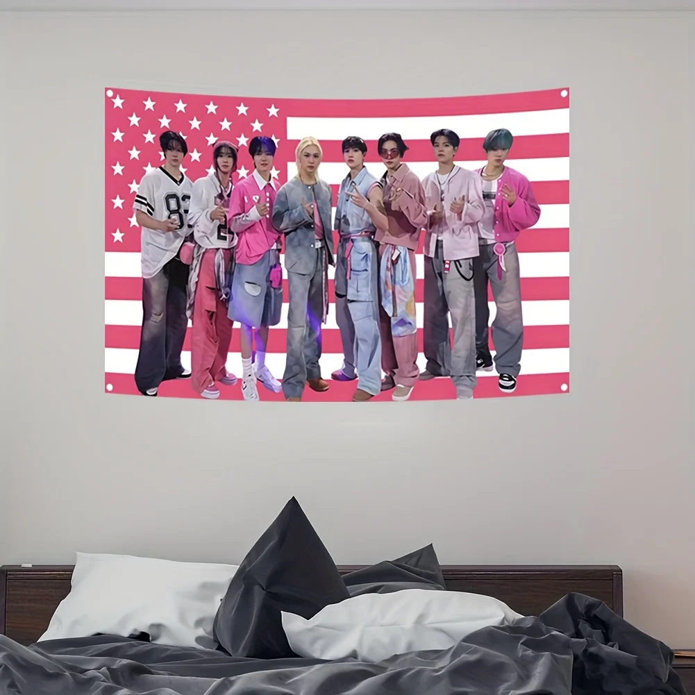 One stray member poster tapestry patriotic design with an American flag background stray concert banner and a skz kpop banner view 3