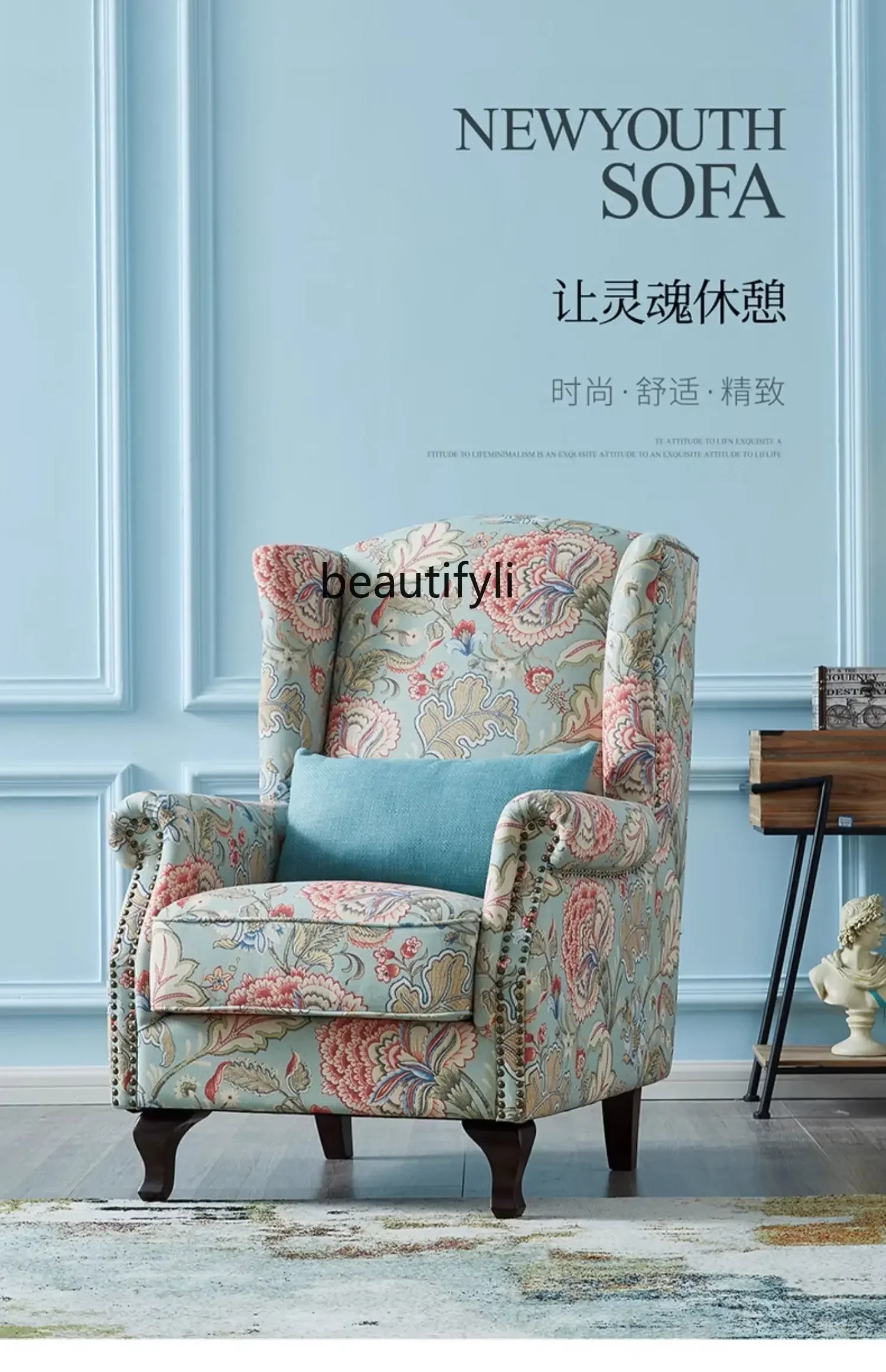 

X18 American fabric single sofa simple small apartment living room bedroom leisure chair stool combination