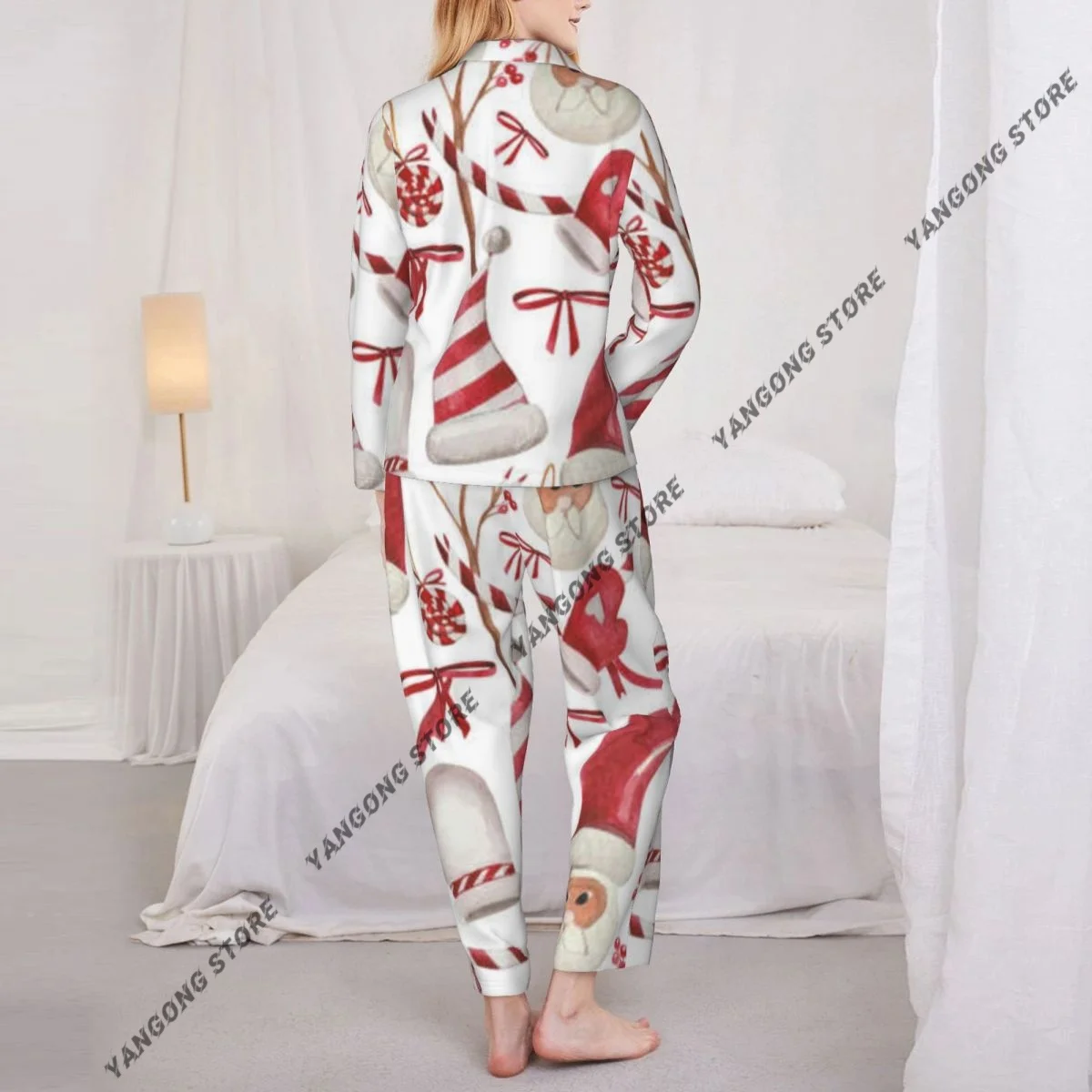 ملابس نوم نسائية ملابس نوم لحلوى عيد الميلاد وقفازات وأشرطة وأكمام طويلة ورقبة على شكل طية صدر السترة ومجموعة بيجامات بخصر مطاطي #5