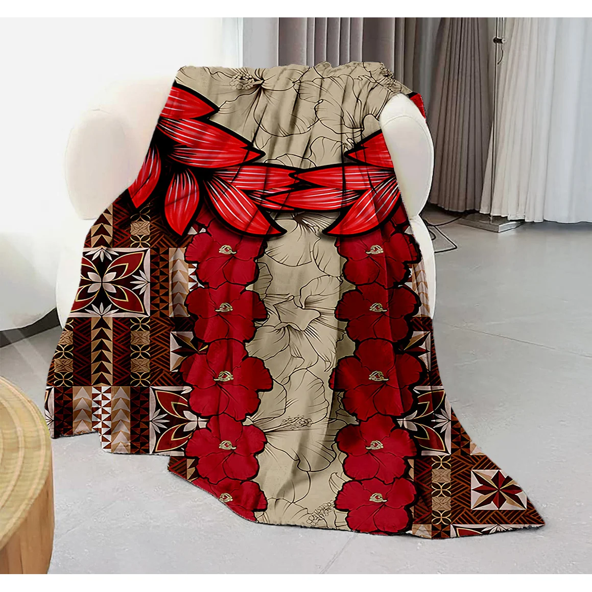 Custom Red Hibiscus Blanket Polynesian Tribal Pattern Personalized Name Fleece Throw All Season Soft Warm Bedding Home Decor