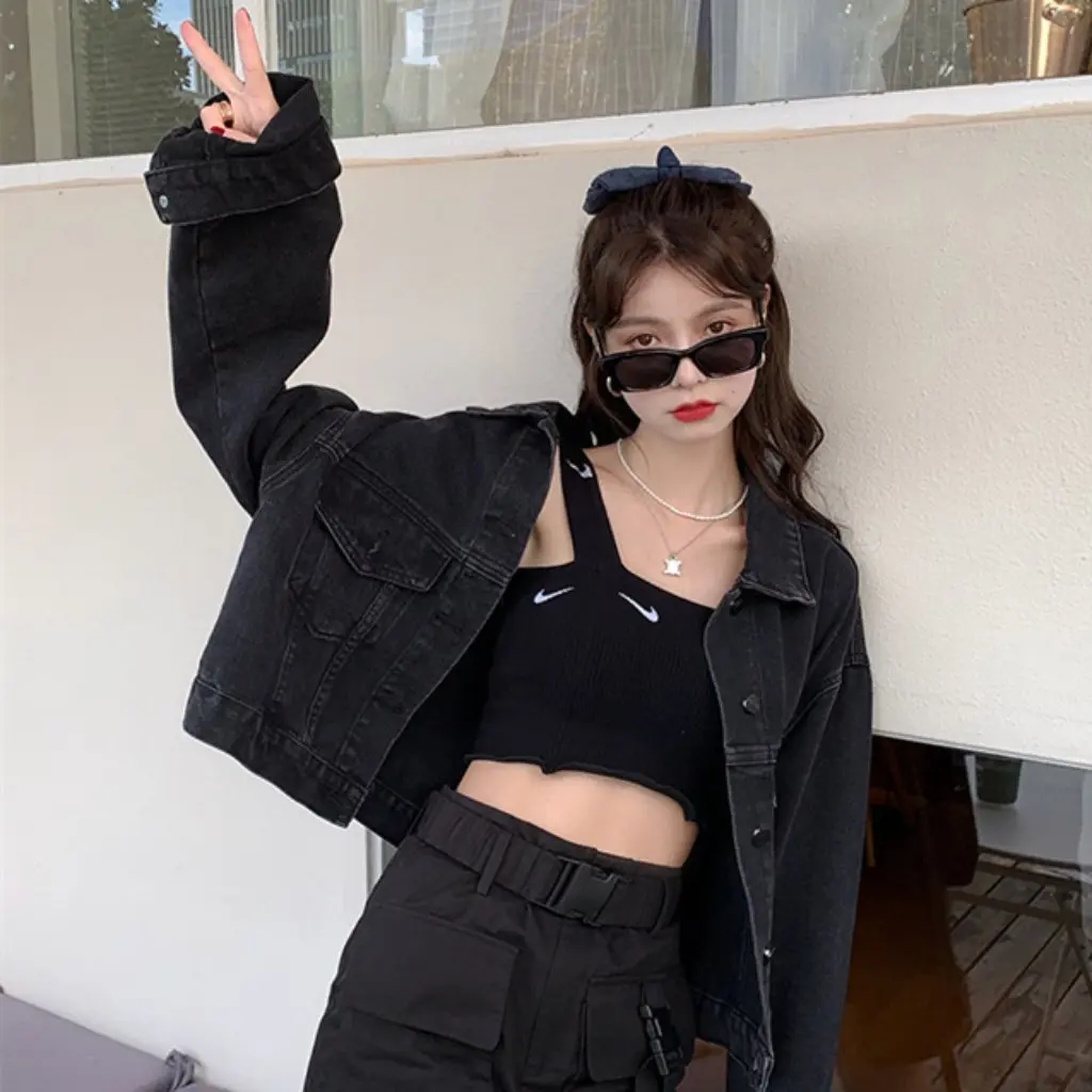 Veste en jean courte noire à manches chauve-souris pour femmes, veste d'étudiant ample de Style coréen Bf Hong Kong tendance pour le printemps et l'automne