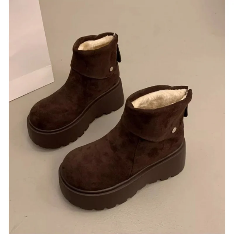 أحذية الثلوج النسائية الجديدة لعام 2025، أحذية شتوية دافئة مبطنة بالفرو، أحذية عصرية بنعل سميك لمنتصف الساق