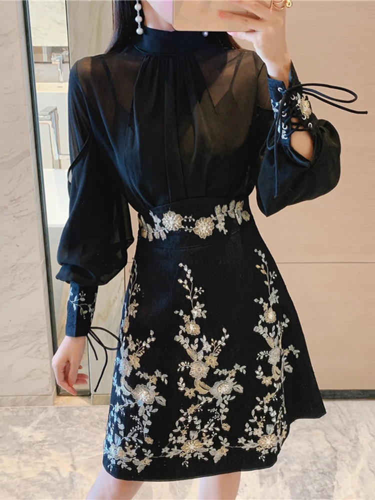 TWOTWINSTYLE Embroidery Two Piece Sets For Women Stand Collar Lantern Sleeve Shirt High Waist A Line Skirt Vintage Set Female