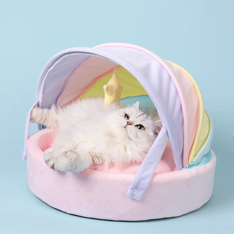 

Rainbow Dogs Cats Bed Half-enclosed Soft Cozy Kitten Houses Breathable Deep Sleep Puppy Nest Pet Cushion Bed Mat Cat Accessories