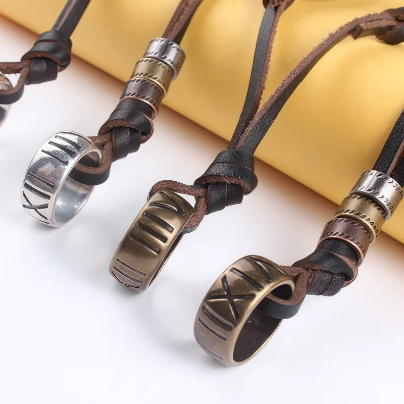 Man Necklace Personality Fashion Alloy Ring Roman Numeral Pendant Vintage Punk Leather Necklace for Men Hand-woven Necklace Gift - Image 5