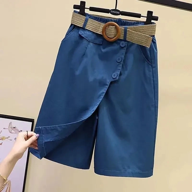 Jupe-pantalon à jambes larges pour femmes, short d'été, bleu, taille haute, jambes droites, poches, court, noir, mode coréenne