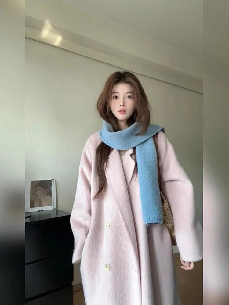 플러스 사이즈 핑크 울 코트 한국 스타일 여성 패션 가을 겨울 루즈핏 미디 아우터웨어 편안한 핏 엘레 슬레