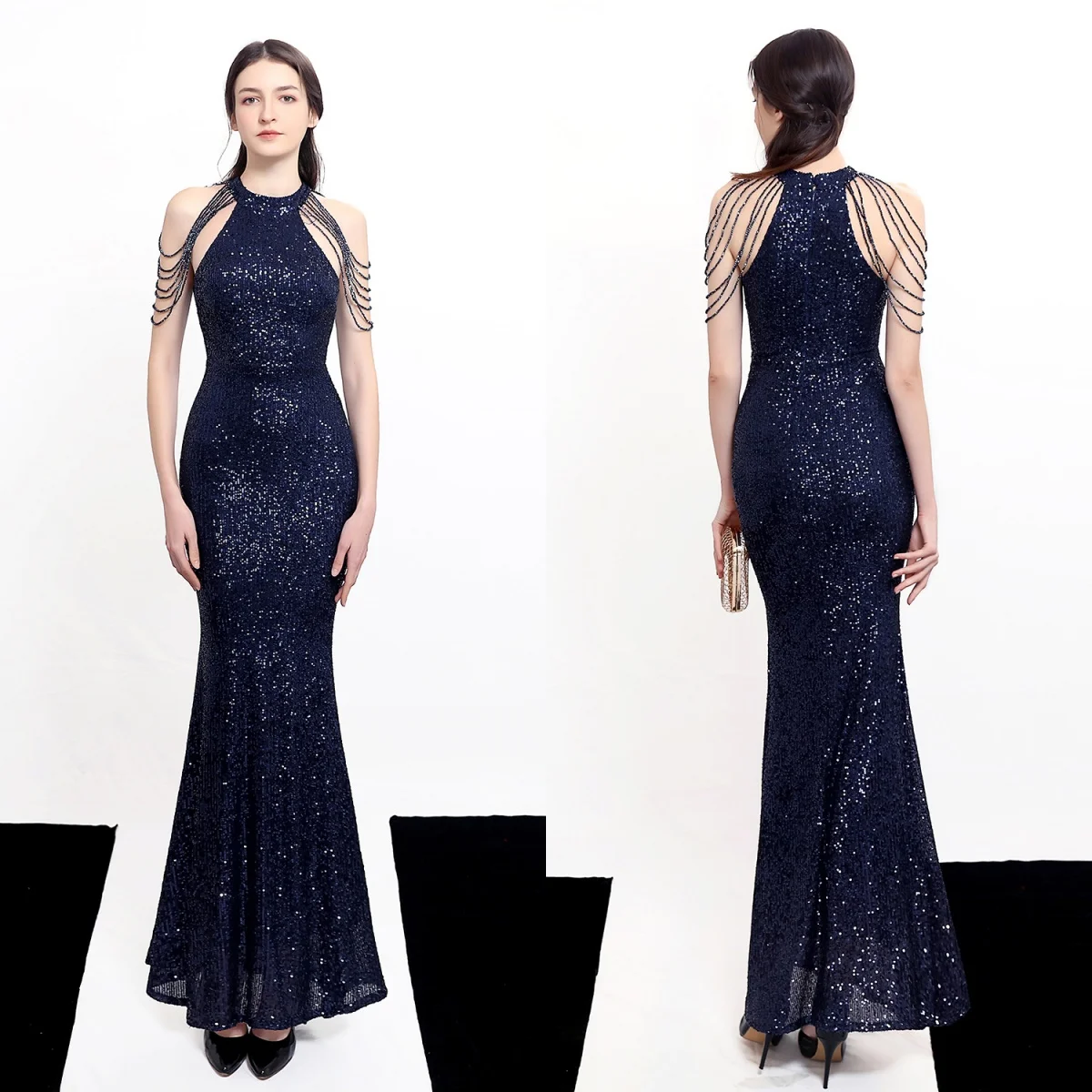 

Evening Dress Navy Blue Sequins Stretchy Halter Collar Zipper Back Mermaid Trumpet Floor Length Women Party Formal Gowns YE081