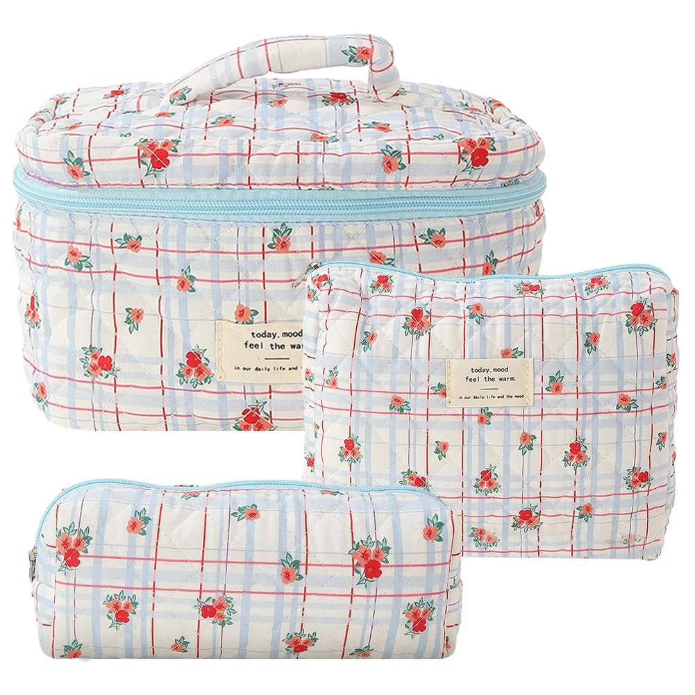 

3Pcs Floral Cosmetic Bag Printed Women Aesthetic Toiletry Purse Large Capacity Zipper Closure Girls Cotton Storage Bag Set