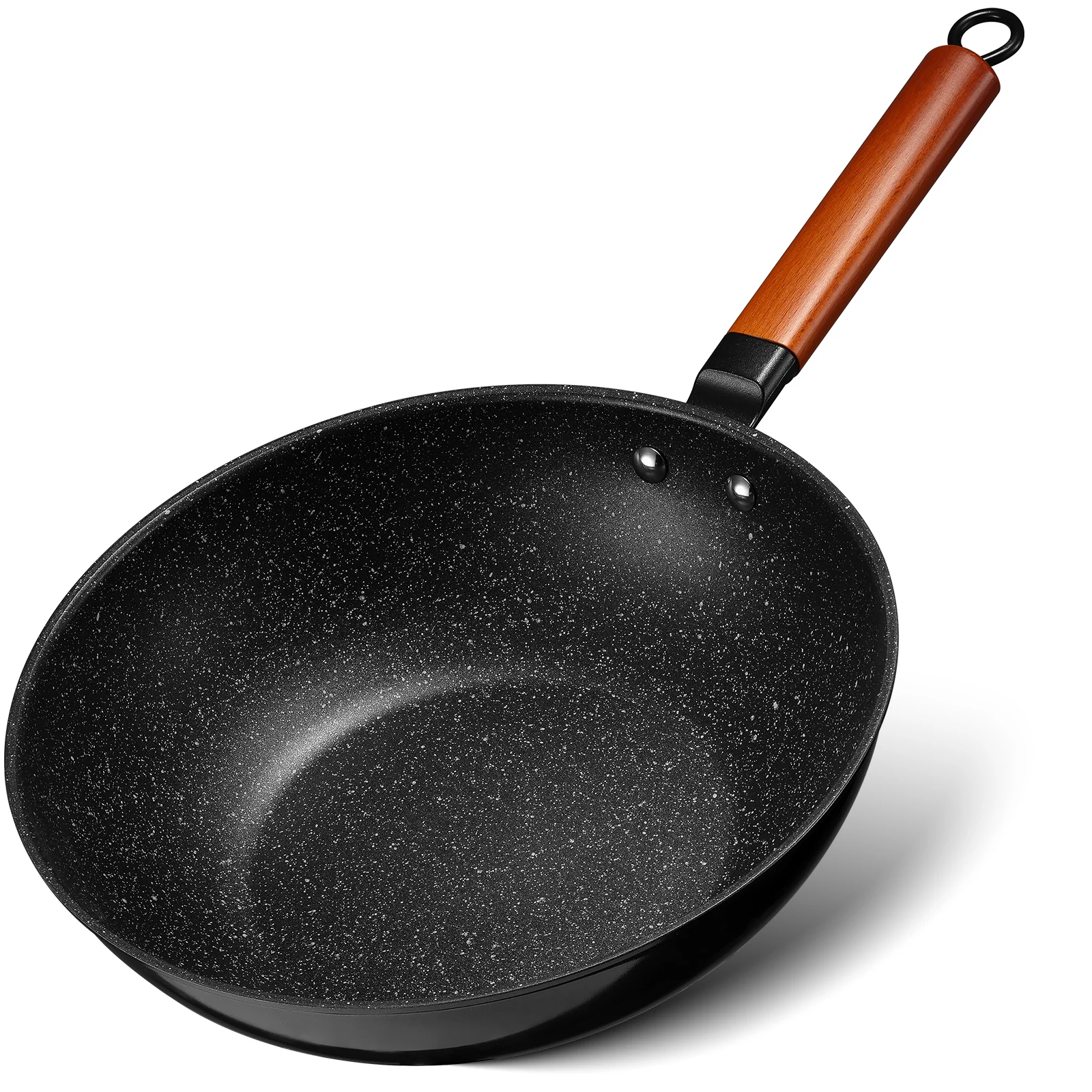 Induction Wok Pan Nonstick, Stir-Fry Wok 30cm with Wooden Handle, Flat Bottom, Suitable for All Hobs, Granite