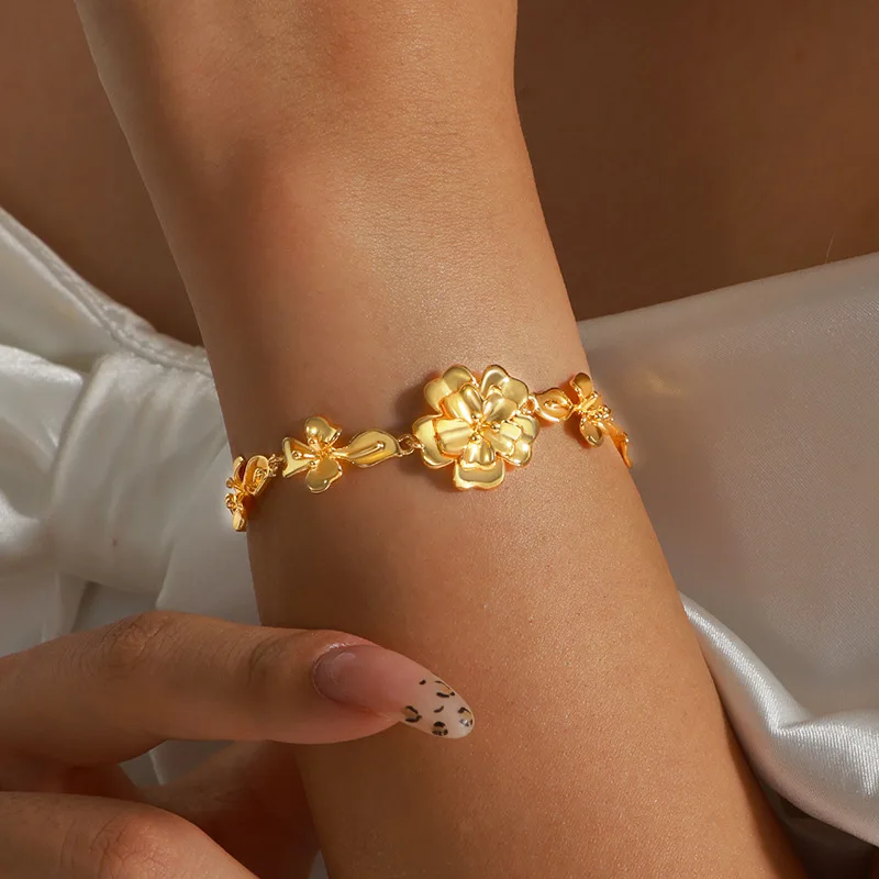 Pure 18k Gold Color Flower Bracelet for Women Bride Wedding Birthday Valentine's Day Bangle Jewelry Gifts