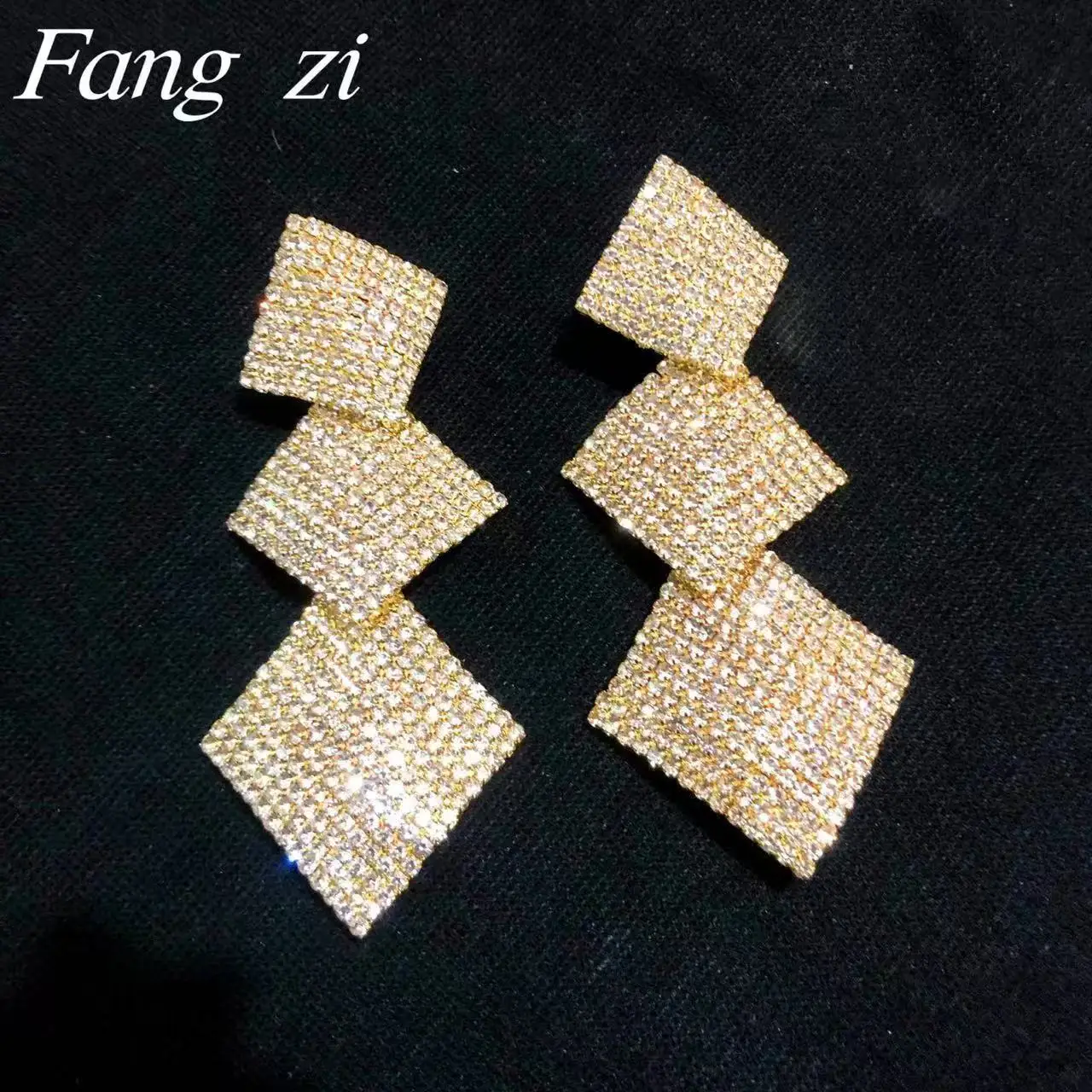 حار بيع طبقة مزدوجة الماس أقراط الماس الكامل مع مبالغ فيها هندسية مخلب سلسلة أقراط حجر الراين، هندسة المجوهرات