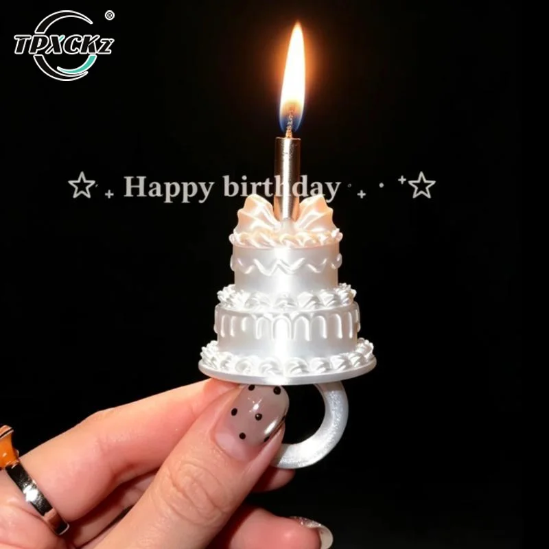 Birthday Cake Opening Ring With Candle Photo Props 3D Cake Shape Ring 17mm Cute Party Decor Finger Ring For Birthday Celebration