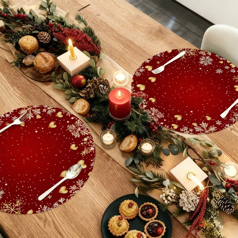 New Round Christmas Placemats Festive Table Décor Cup Mats Gifts Non-slip No-wash Heat-resistant Placemats Home Goods 10PCS