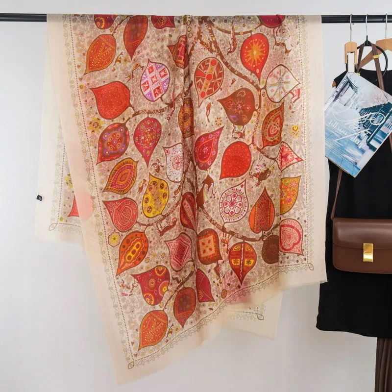 High-end Elegant Women Exquisite Warm Color Tree of Life Print Quality Water Soluble Wool Handcrafted Fringe Long Scarf Shawl
