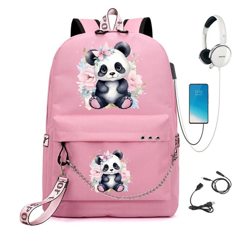 Floral Panda Print School Backpack Bag for Students Kawaii Cartoon School Bag Anime Students Usb Bookbag Animals Manga Bagpacks