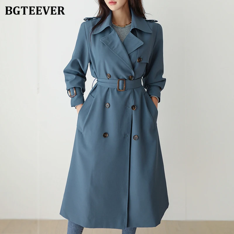 BGTEEVER Elegant Lapel Female Windbreaker Long Sleeve Loose Belted Double Breasted Women Trench Coats Autumn Winter Overcoats