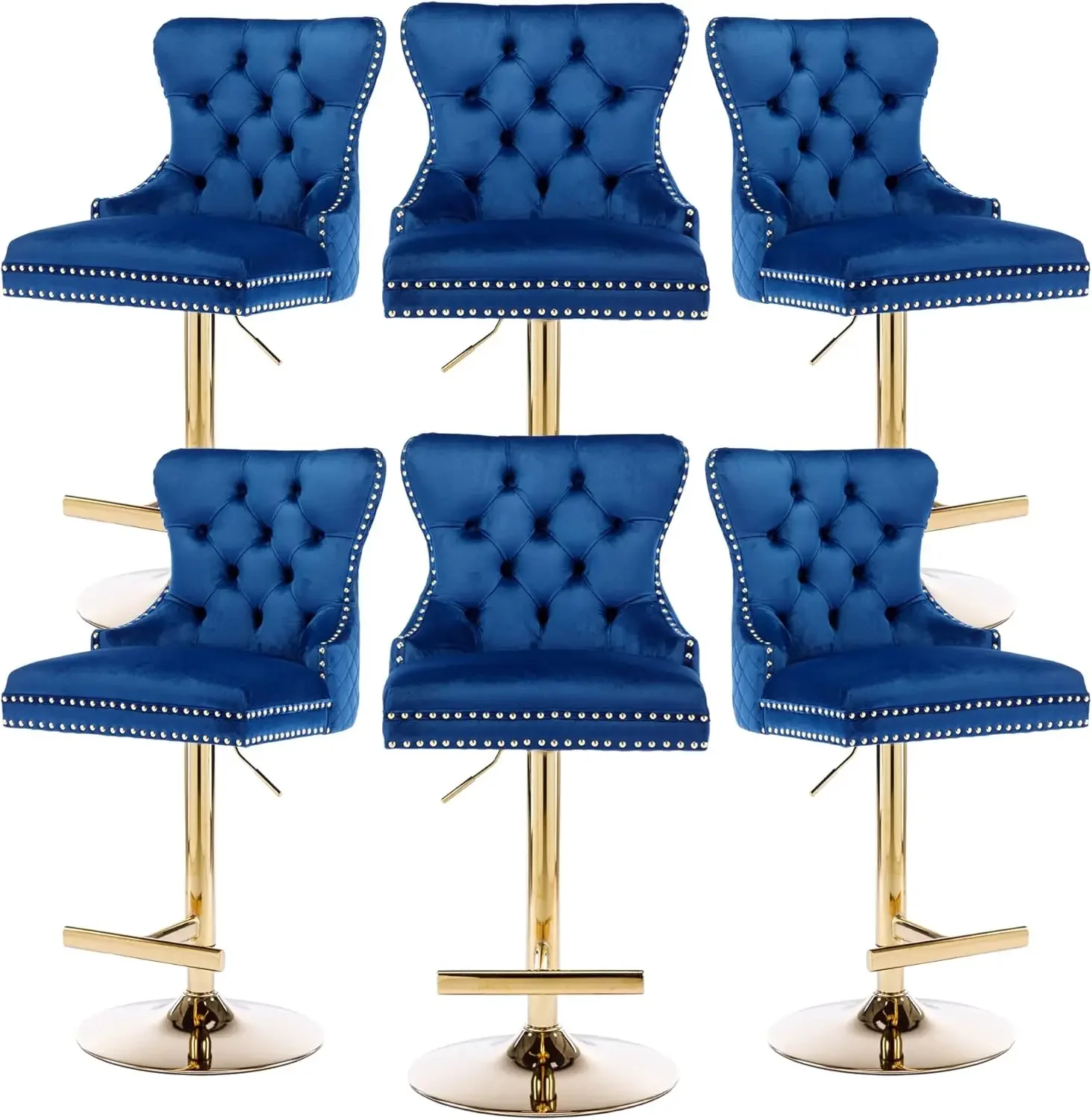 Bar Stools Set of 6, Velvet Tufted Barstools, Swivel Counter Chairs with Diamond Lattice Back, Height Adjustable Seat