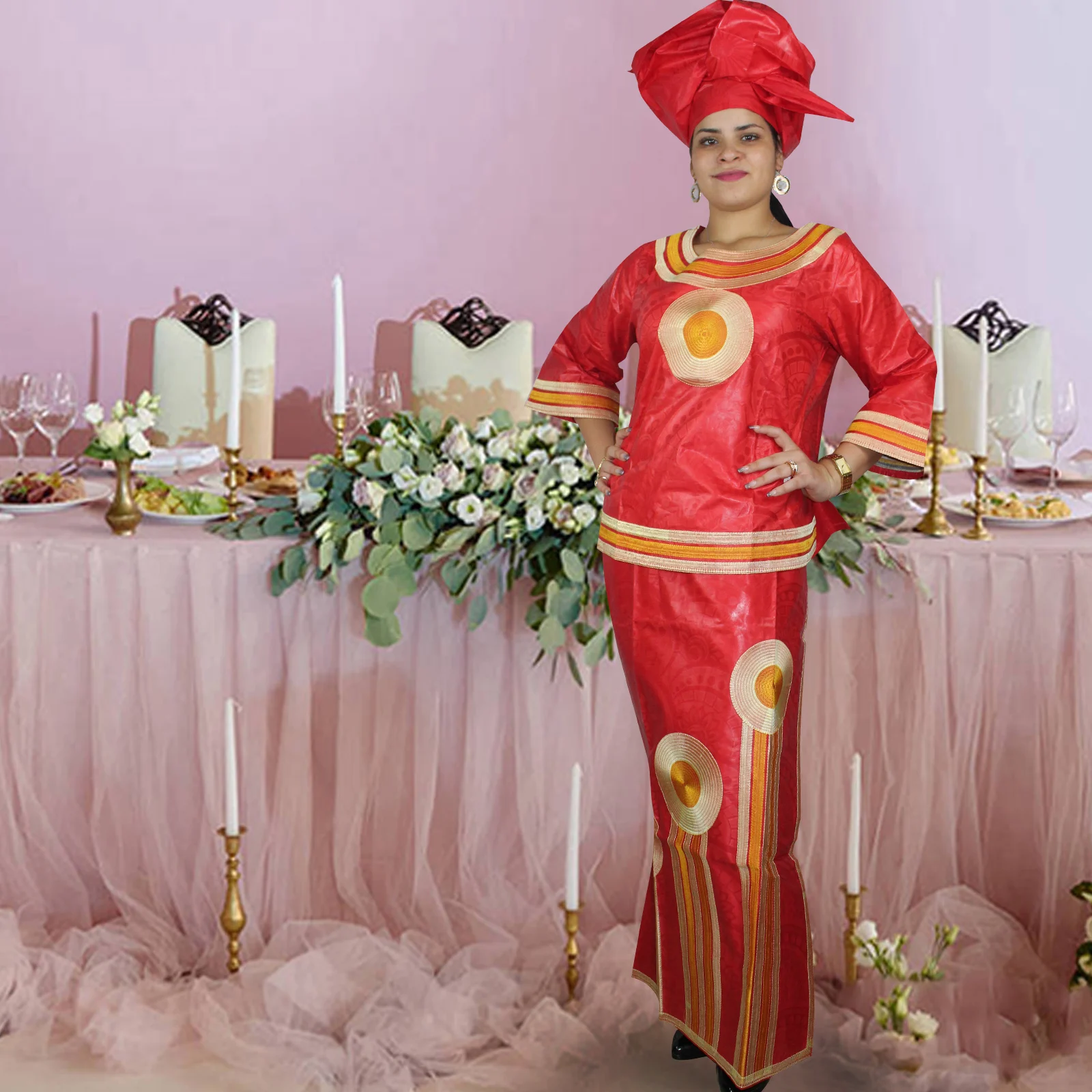 African Attire For Women Bazin Riche Embroidery Plus Size Elegant Party Church Dress