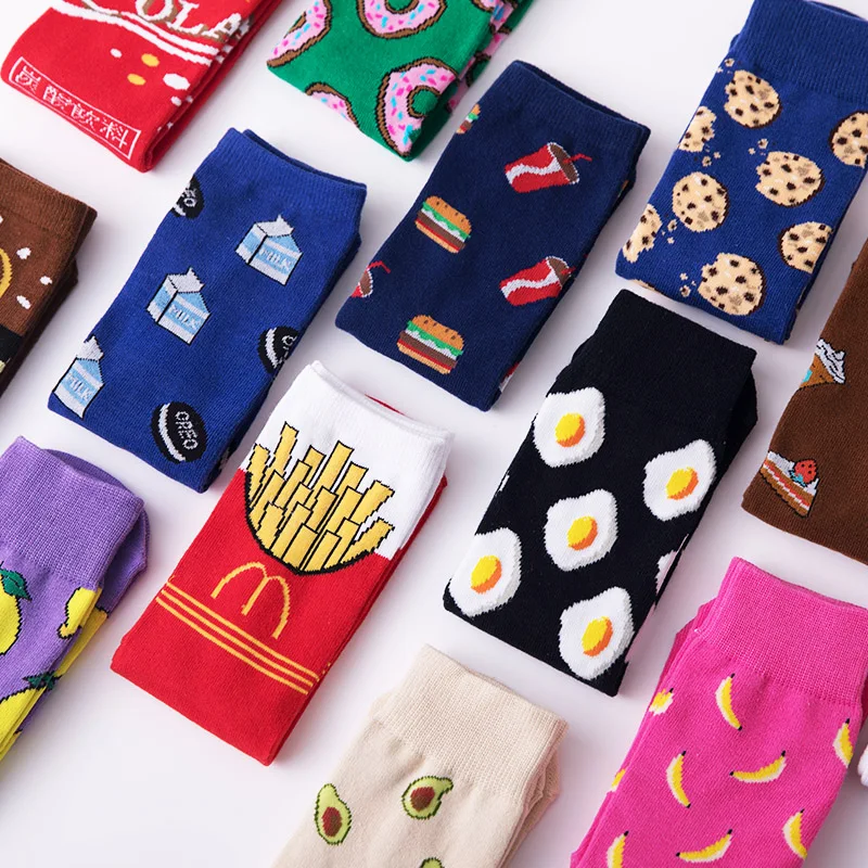 

2023 New Women Socks Happy Funny Cute Cartoon Fruits Banana Avocado Lemon Cookie Donuts Food Japanese Harajuku skateboard Socks