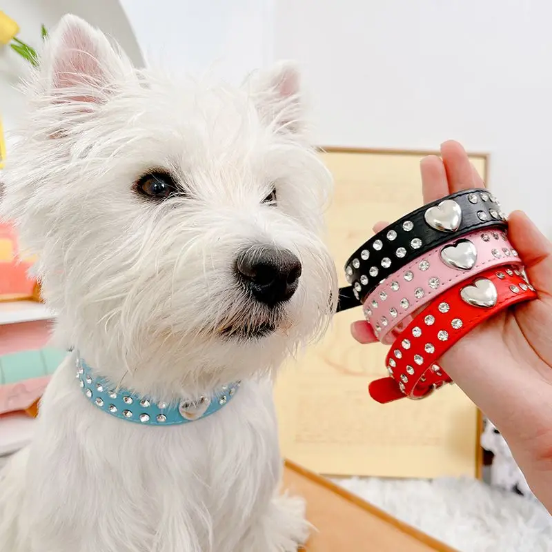 Adjustable Leather Dog Collars Rhinestone Heart Necklac, Pet Accessories Small Medium Large Outdoor Bling