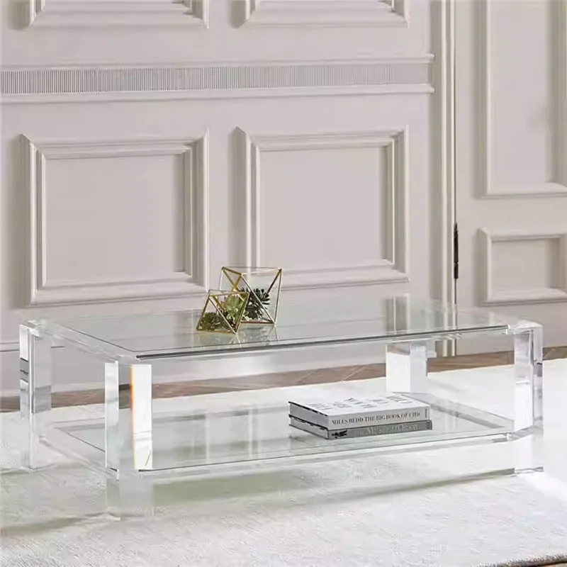 

​​Nordic Modern Acrylic Coffee Table Double Layer Storage Crystal Clear Glass Top Minimalist Luxury Design Café Furniture FYCT​​