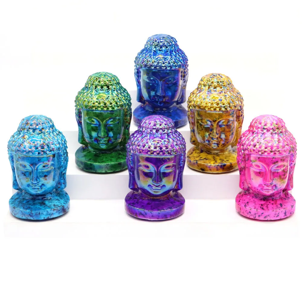 69mm Crystal Buddha Head Electroplating Natural Healing Stone Curb Carved Gemstone Feng Shui Lucky Statue Crafts Home Decor Gift