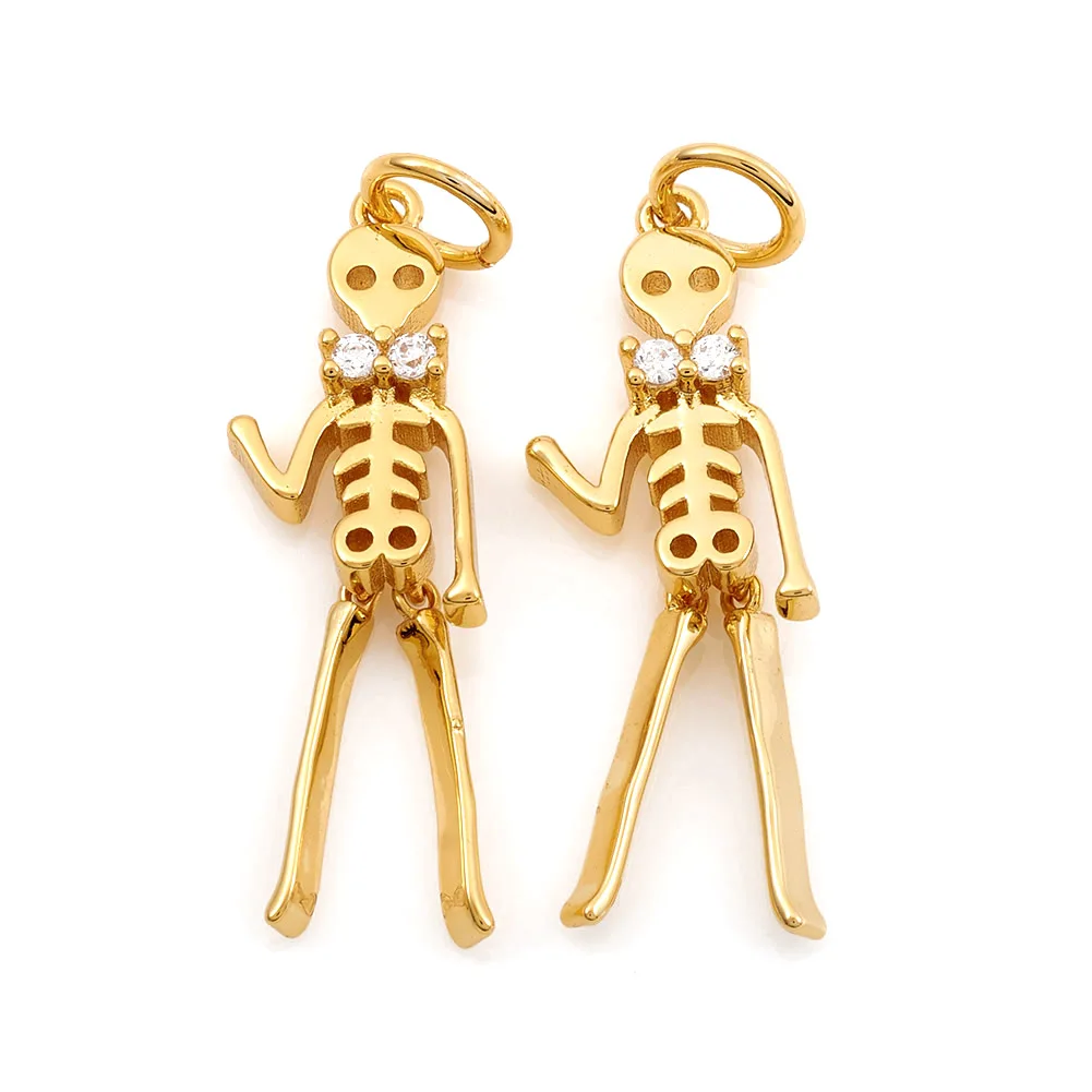 10pcs Gothic Skeleton Skull Charms Brass Zirconia Pendants for Women Long Drop Earrings Making Halloween Jewelry Gift 24x7.5x3mm