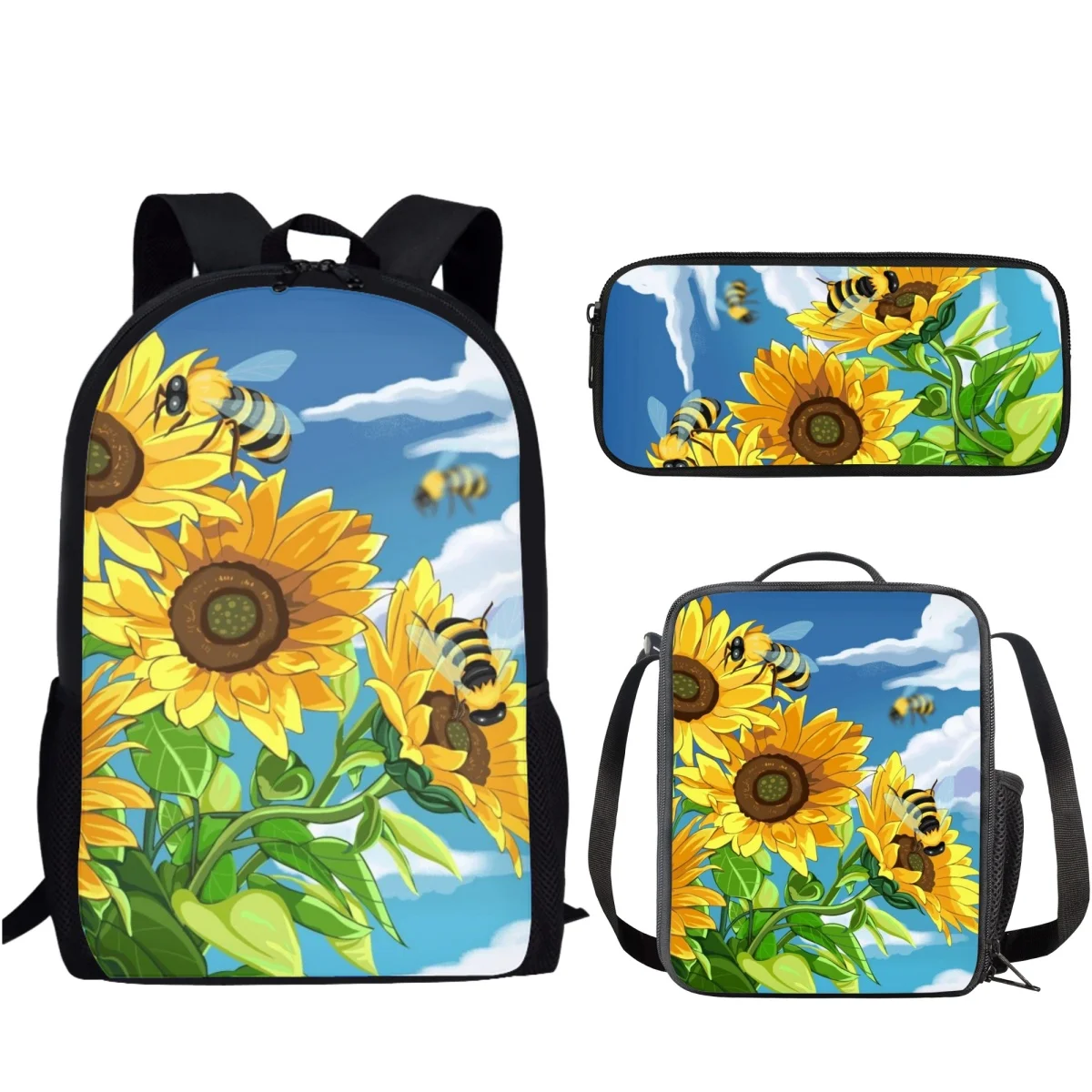 3Pcs Sunflower Pattern School Bag Set Large Capacity Backpack for Girls Boys Teenager Student Book Bag with Lunch Bag Pencil Bag