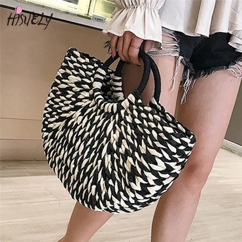 Borsa da donna colorata borsa di paglia di vimini in Rattan borsa semicircolare intrecciata borsa da viaggio Casual femminile di grande capacità